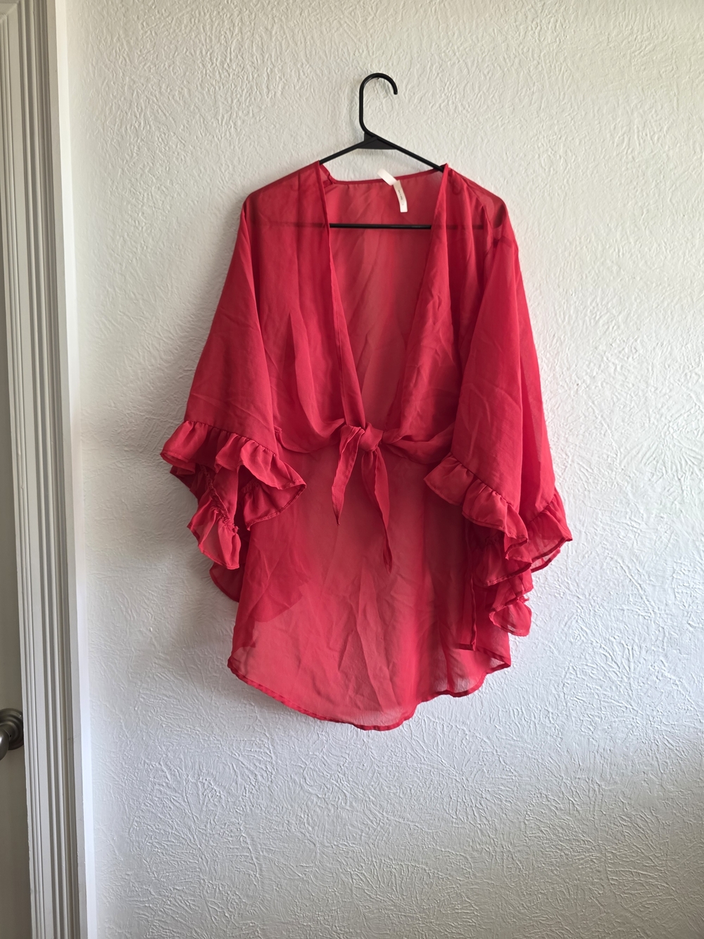 Fairycore Truth Bright Red Ruffle Tie-Front Sheer Kimono With Big Bell Sleeves